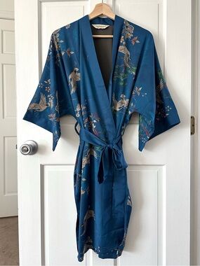Ledamon Blue Floral Crane Satin Kimono Robe Japanese One Size